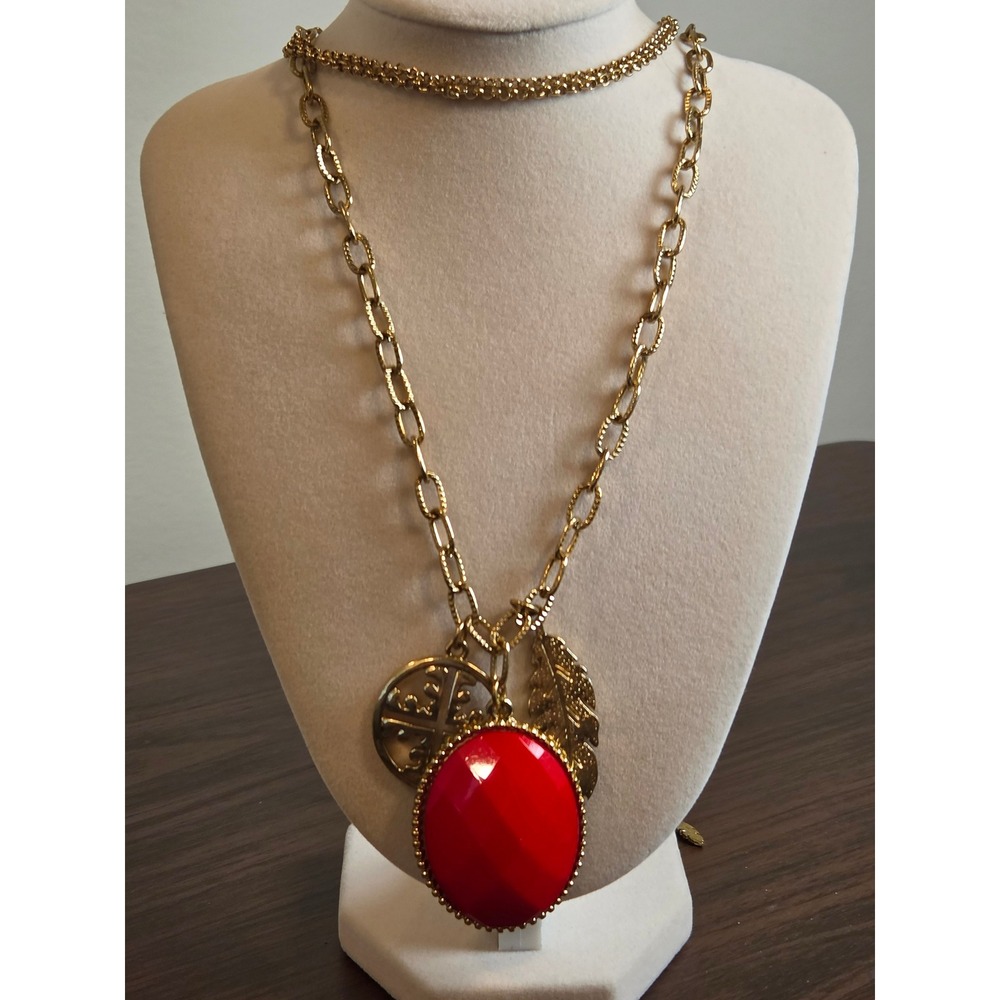 J Creative Gold Tone Multi Strand Necklace Earring Set Red Stone Feather Charm